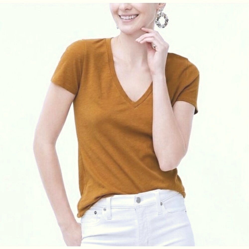 Gap Womens Linen Blend V-Neck Tee Burnt Orange Rust Short Sleeve Relaxed Fit M